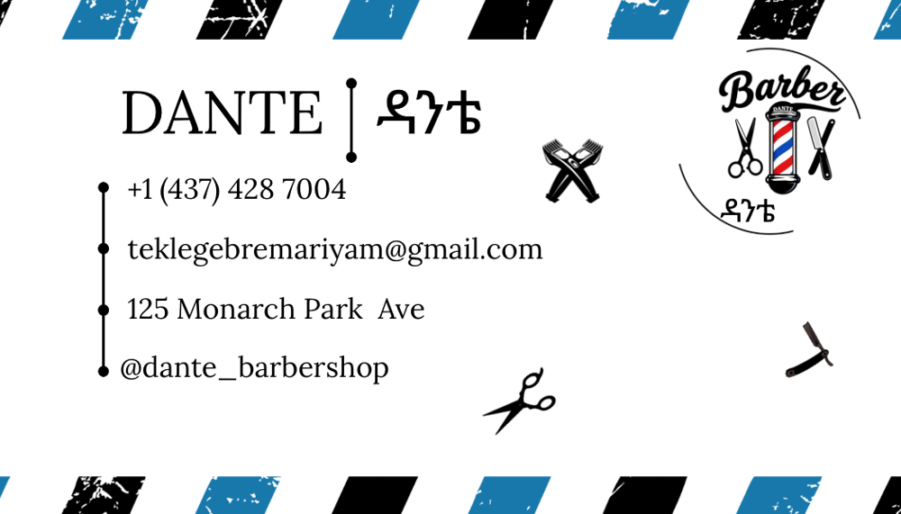 Dante Barbershop business card with contact details